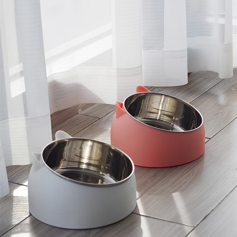 Cat Bowl, 15 Degrees Raised Stainless Steel Cat Feeder Bowl With Non Slip Base, 3.38oz Cat Food Water Feeder Tilted Pet Bowl For Neck Protection