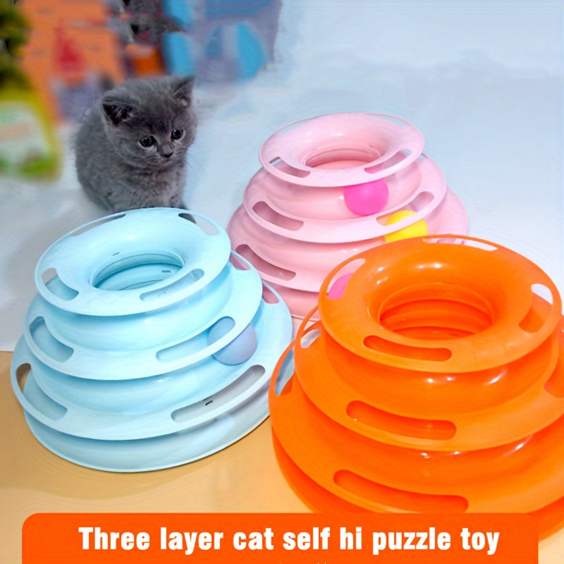 Interactive Cat Toy Tower with Rotating Balls - Durable Plastic Three-Level Track and Ball Play Structure, Entertaining and Stimulating Pet Activity Center, No Batteries Needed, Assorted Ball Colors