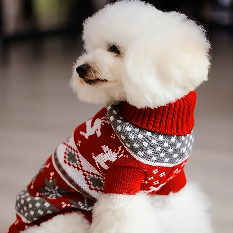 1pc Reindeer Snowflake Christmas Dog Sweater - Soft, Warm, Cozy Acrylic Pullover for Small Breed Pets - Machine Washable, All-Season Comfort, And Easy Care for Winter Knitwear