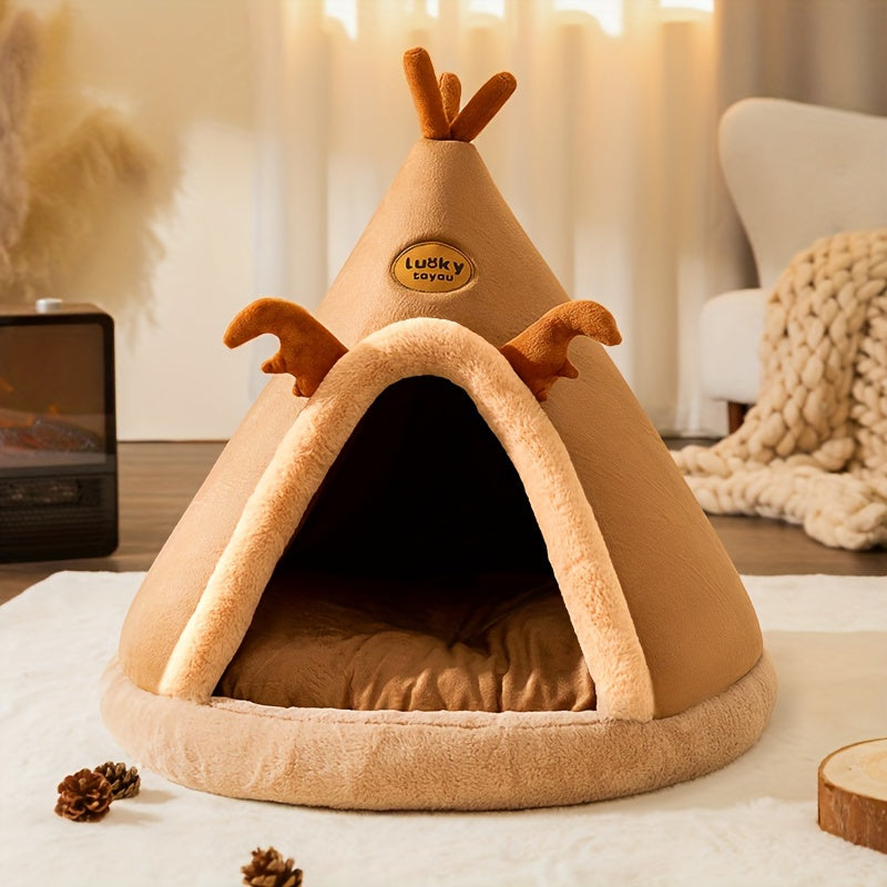 1pc Cartoon Reindeer-Shaped Pet Tent, Polyester Fiber Dog & Cat House, Cozy Mongolian Yurt Style Bed for Extra Small to Small Breeds, Easy Assembly