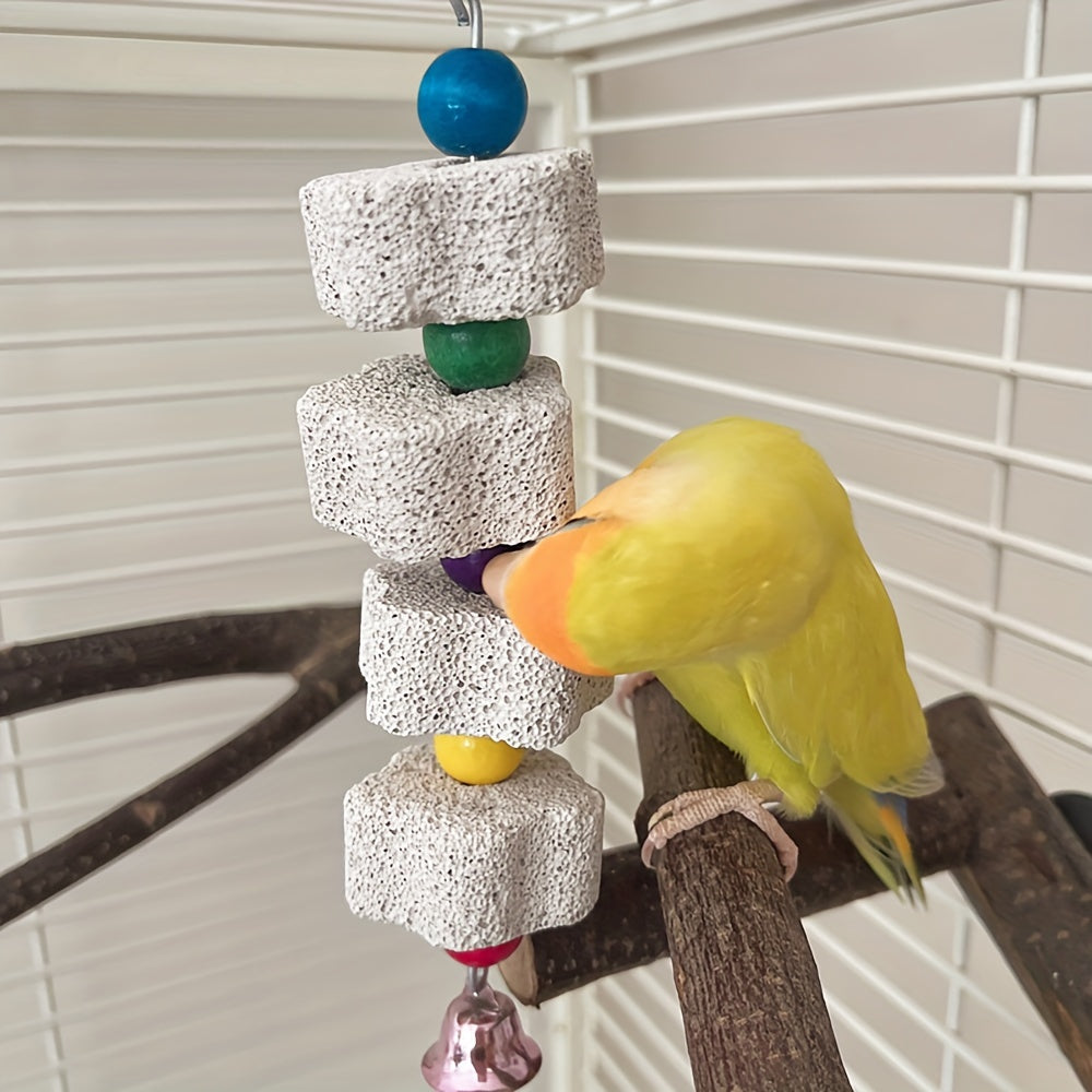 Flower Shape Hang Style Parakeet Toy - Mineral Stone Grinding Teeth Decor, Bell Birdcage Accessories for Pet Birds, Parrot Grinding Stone Toy, Stimulating Beak Trimming and Exercise