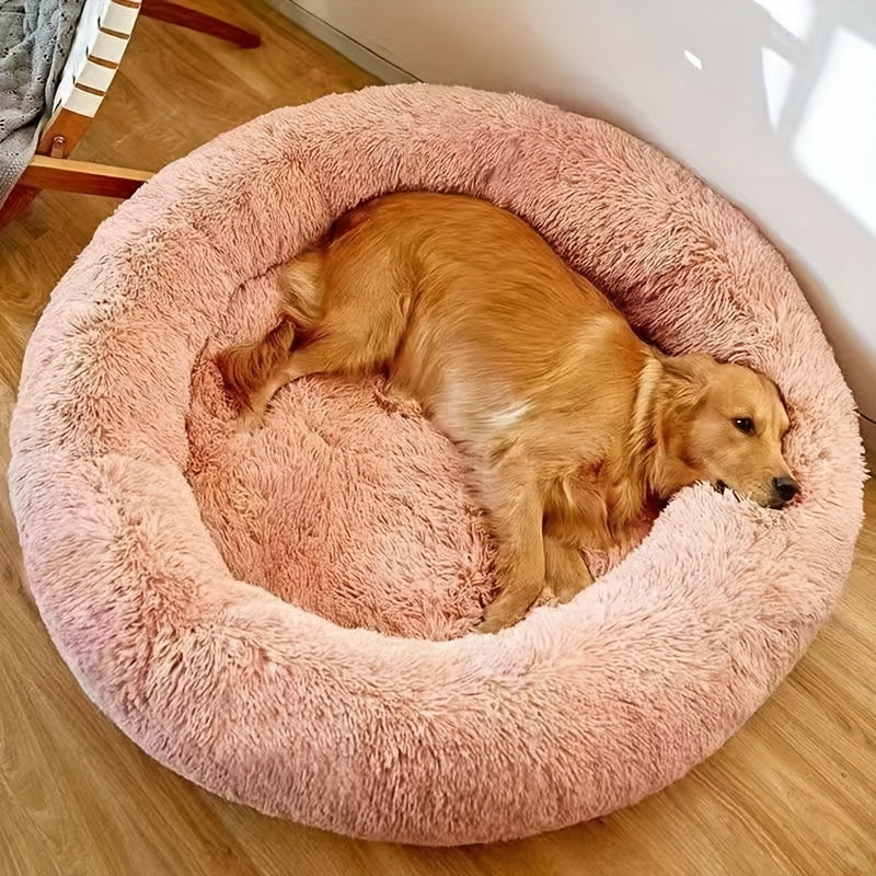 1pc Extra-Large Long Plush Dog Bed - Cozy Round Sleeping Nest for Pets - Luxury Sofa Cushion with Calming Effect - Machine-Washable