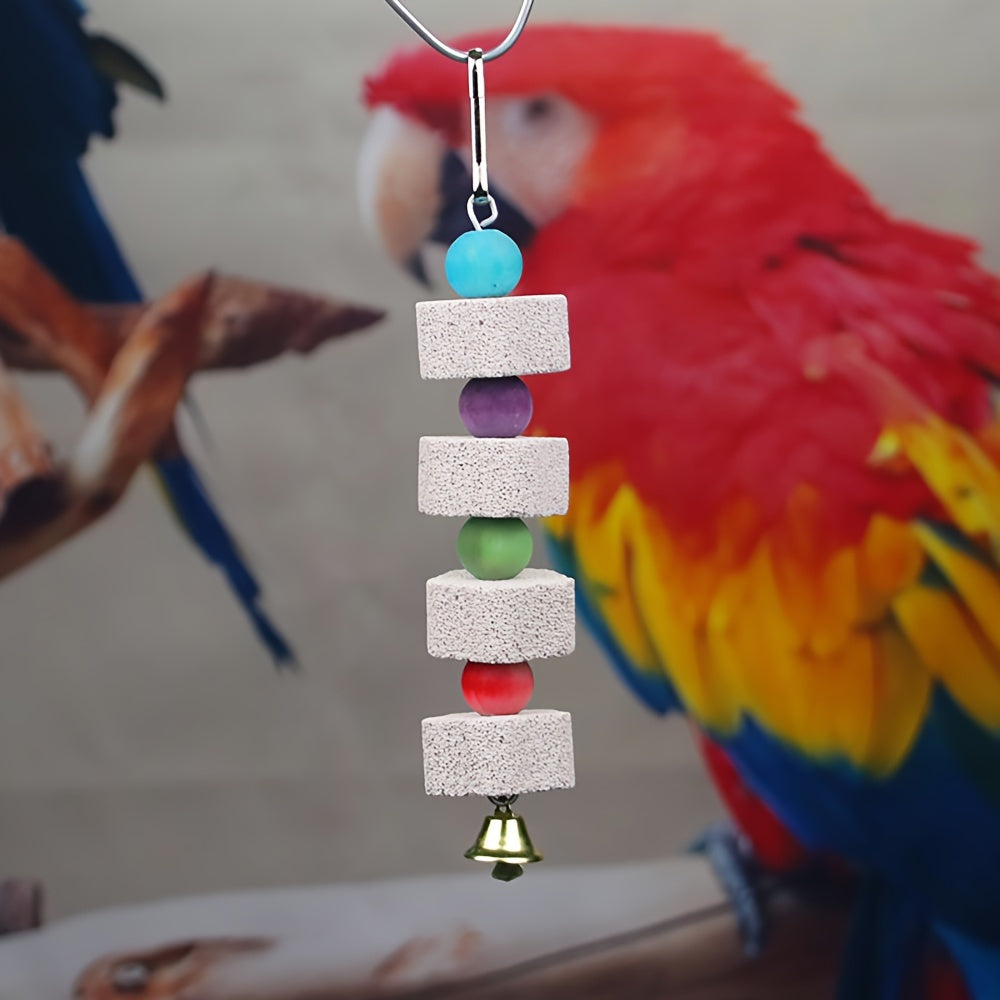 Flower Shape Hang Style Parakeet Toy - Mineral Stone Grinding Teeth Decor, Bell Birdcage Accessories for Pet Birds, Parrot Grinding Stone Toy, Stimulating Beak Trimming and Exercise