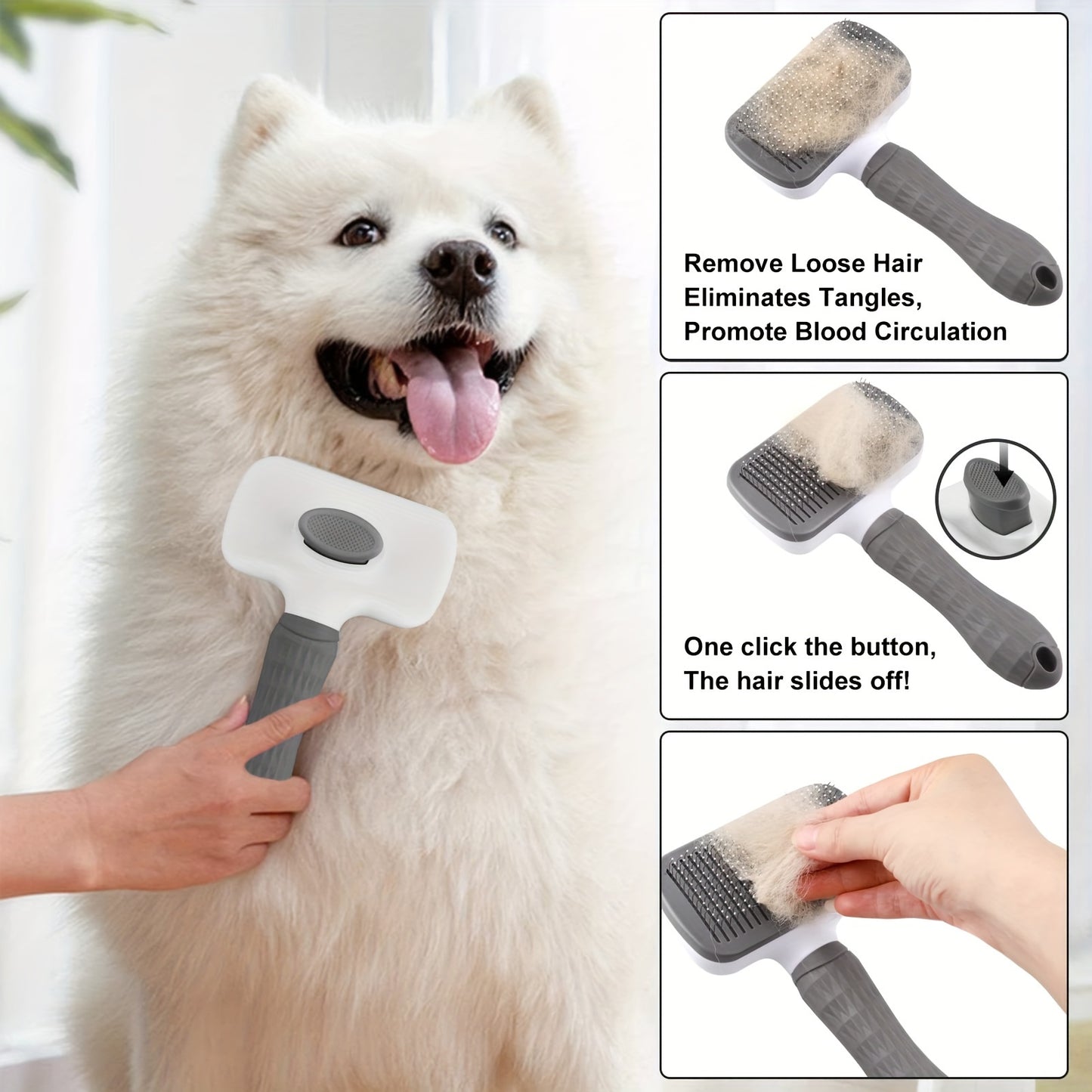 1-in-1 Pet Massage Comb & Brush - Heavy-Duty Ergonomic Design with One-Click Detachable Head, Efficient Shedding & Grooming Tool for Dogs & Cats, Reduces Shedding, Undercoat Removal, Minimizes Hair Flying - White & Black Colo