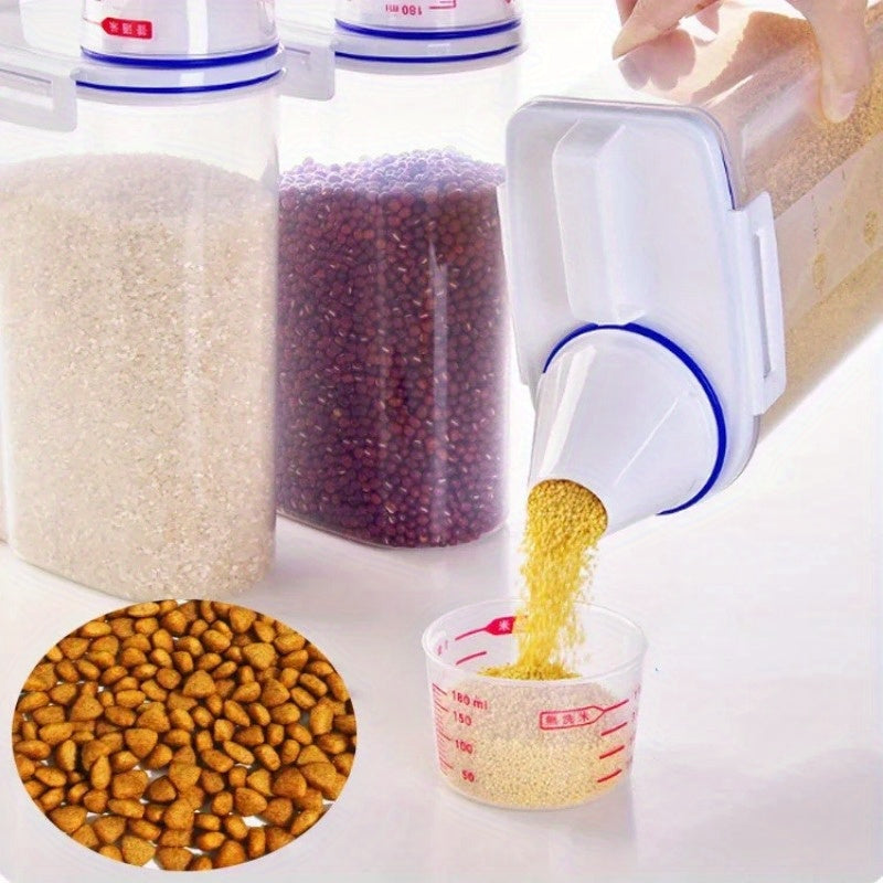 1.5kg/2kg Large Capacity Pet Food Storage Container - Airtight, Moisture-Proof, and Pest-Controlled Plastic Bucket with Measuring Cup, Handle, and Scoop Design for Easy Food Management and Freshness Preservation