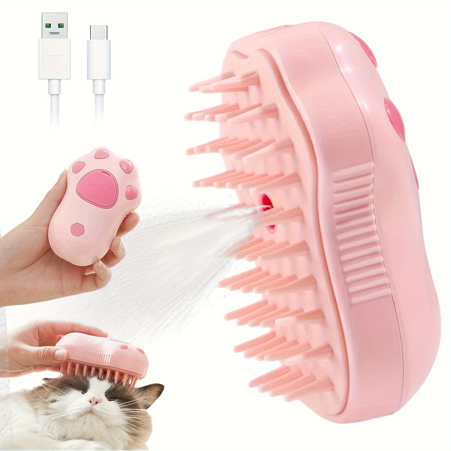 3-in-1 Electric Pet Grooming Brush: Portable, Self-Cleaning Silicone Steam Brush for Cats & Dogs with Massage & Hair Removal