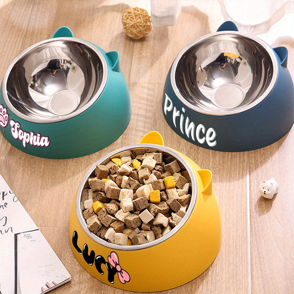 Personalized Cute Cat and Dog Bowl, custom High quality stainless steel pet bowl, Tilt pet bowl for neck protection, Nice gift for pets