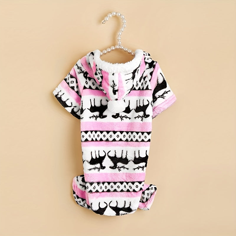 1pc Pet Christmas Reindeer Graphic Pajamas Hooded Jumpsuit For Puppy, Toy And Small Dog for stocking stuffers
