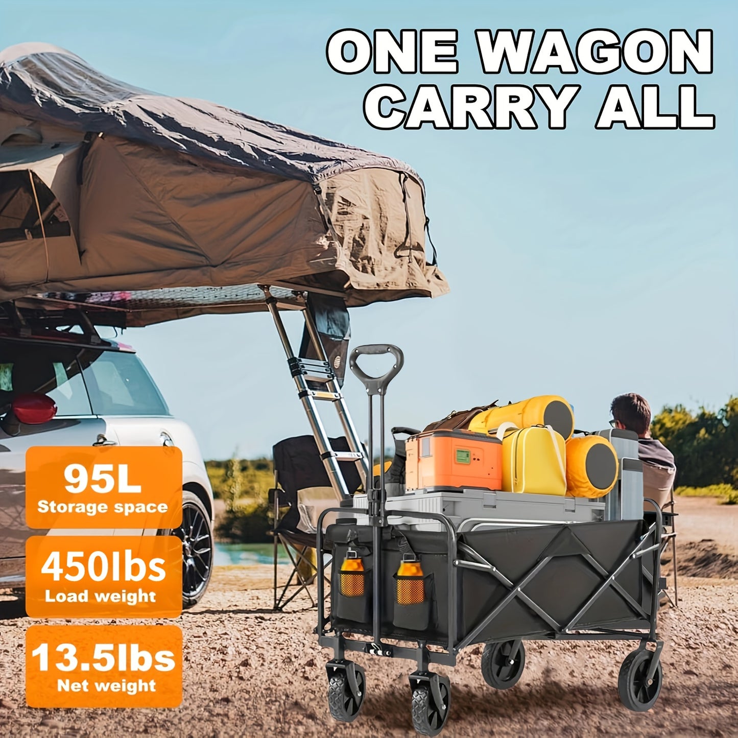 1pc Heavy-Duty Collapsible Foldable Utility Wagon Cart with All-Terrain Wheels, 30" Large Capacity RV/Garden/Beach Cart, 450 Capacity (Weight-Limit Equivalent), Lightweight Metal Frame for Camping, Groceries, Furniture & Pets