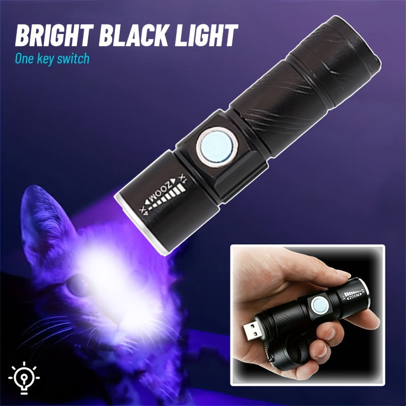 1pc Rechargeable Zoomable UV Flashlight Black Light 395nm,Ultraviolet Flashlight Detector For Pet Urine Stain,Resin Curing,Scorpion Hunting