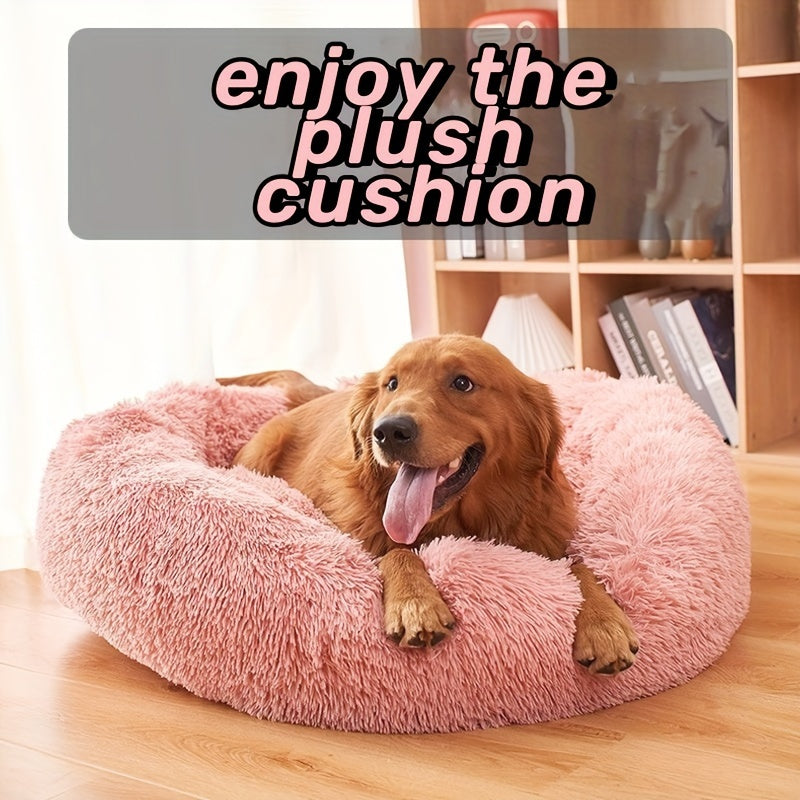 1pc Extra-Large Long Plush Dog Bed - Cozy Round Sleeping Nest for Pets - Luxury Sofa Cushion with Calming Effect - Machine-Washable