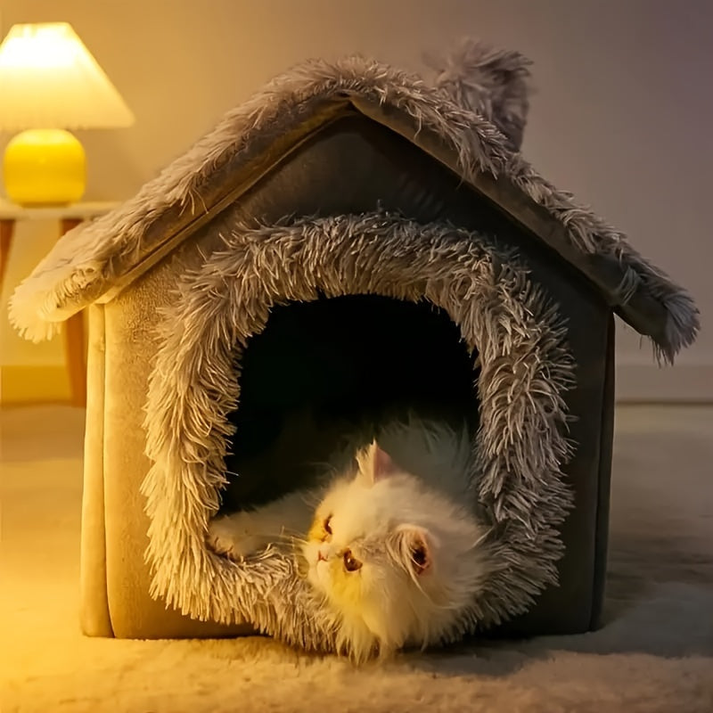 Comfortable All Seasons Cat Bed, Semi-Enclosed Pet Sleeping Bed with Removable Non-Slip Bottom Cat House