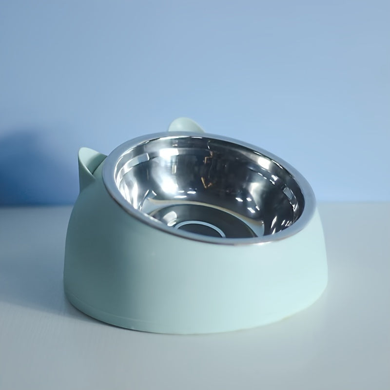 Cat Bowl, 15 Degrees Raised Stainless Steel Cat Feeder Bowl With Non Slip Base, 3.38oz Cat Food Water Feeder Tilted Pet Bowl For Neck Protection