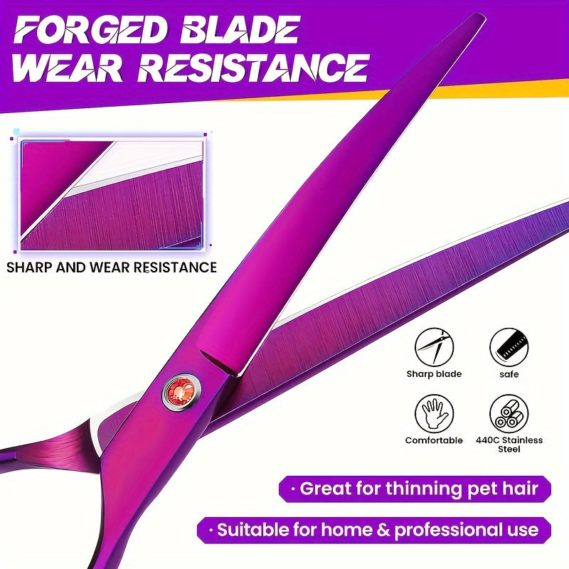 1pc Curved Shear For Dogs, Purple Titanium Plating Pet Grooming Scissors With Ergonomic Handle, Stainless Steel Hair Scissor For Dogs, Cats And Other Pets