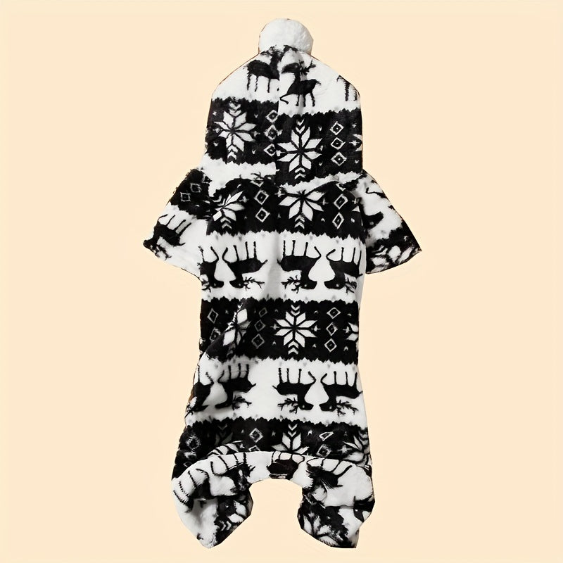 1pc Pet Christmas Reindeer Graphic Pajamas Hooded Jumpsuit For Puppy, Toy And Small Dog for stocking stuffers