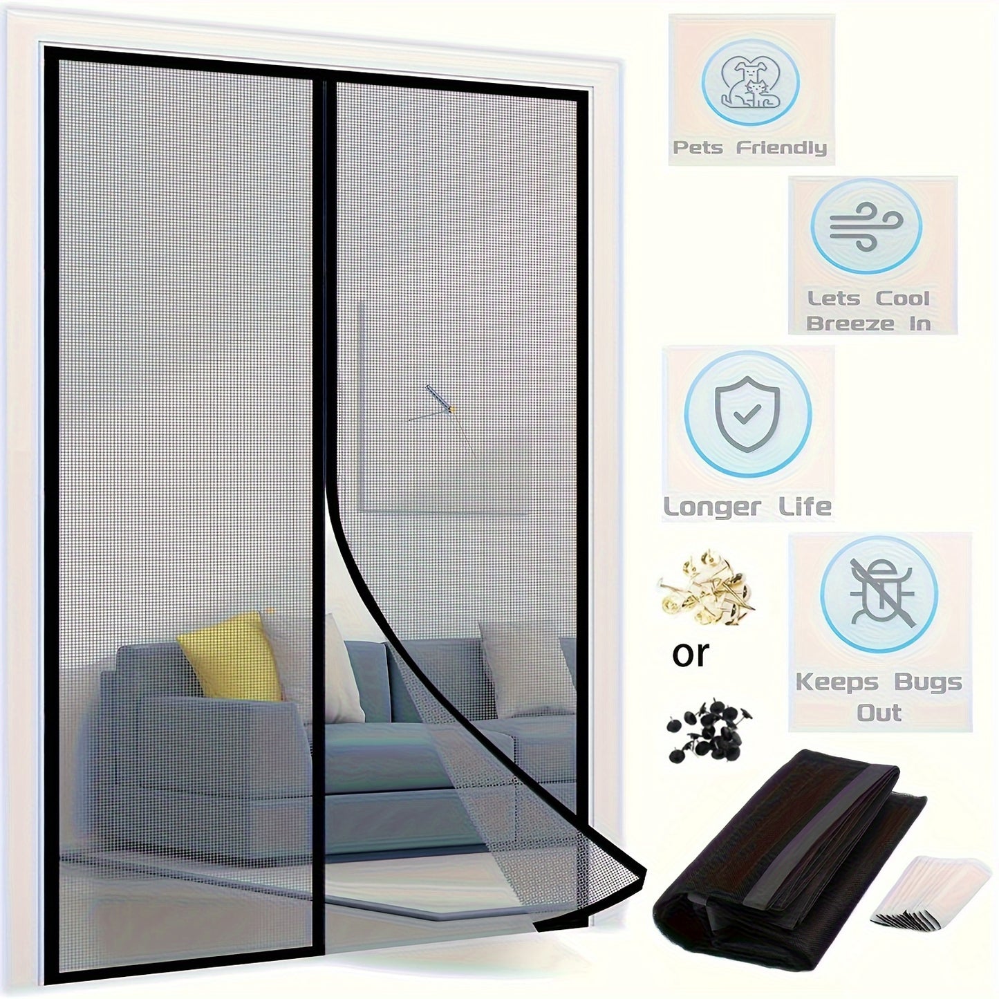 1 Set Magnetic Screen Door - Self-Sealing, Hands-Free, Heavy-Duty Mesh Partition - Keeps Bugs Out, Pet and Kid Friendly, Easy Installation, Durable, 36 Inch x 82 Inch/39 Inch x 82 Inch