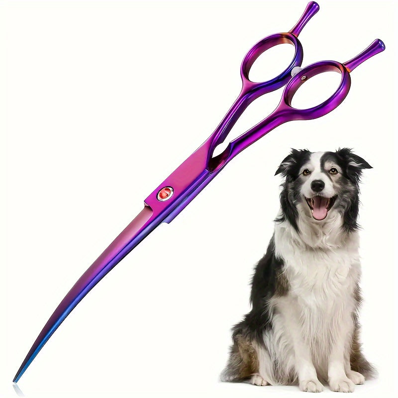 1pc Curved Shear For Dogs, Purple Titanium Plating Pet Grooming Scissors With Ergonomic Handle, Stainless Steel Hair Scissor For Dogs, Cats And Other Pets