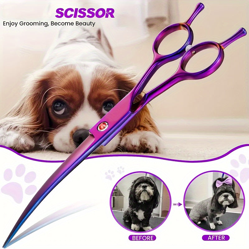 1pc Curved Shear For Dogs, Purple Titanium Plating Pet Grooming Scissors With Ergonomic Handle, Stainless Steel Hair Scissor For Dogs, Cats And Other Pets