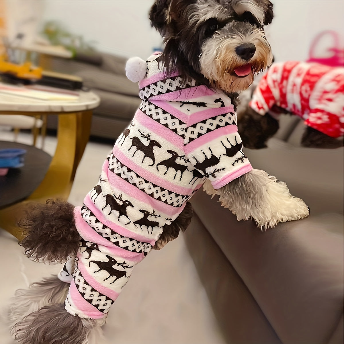 1pc Pet Christmas Reindeer Graphic Pajamas Hooded Jumpsuit For Puppy, Toy And Small Dog for stocking stuffers