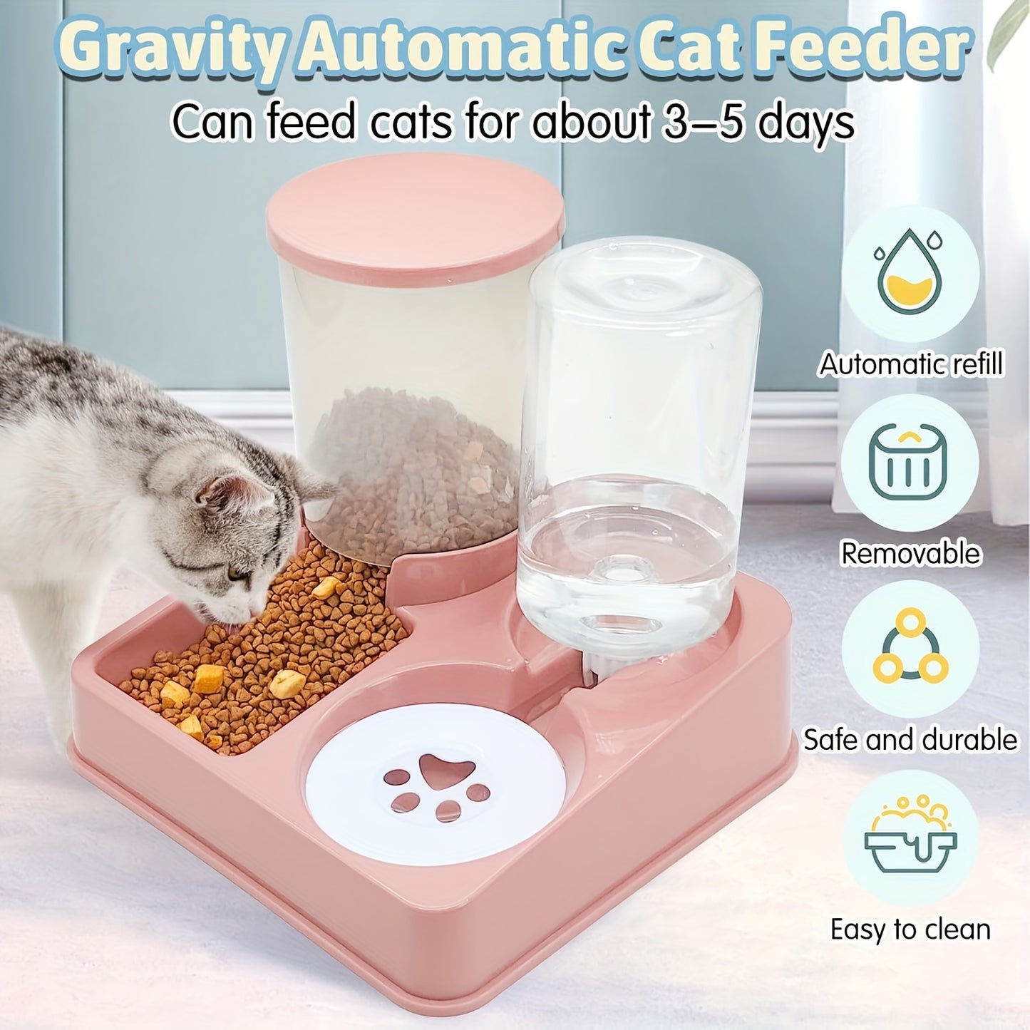 Automatic Cat Feeder Water Dispenser Set, 2 In 1 Tilted Automatic Pet Food And Water Feeder Gravity Food Feeder And Waterer For Indoor Cats