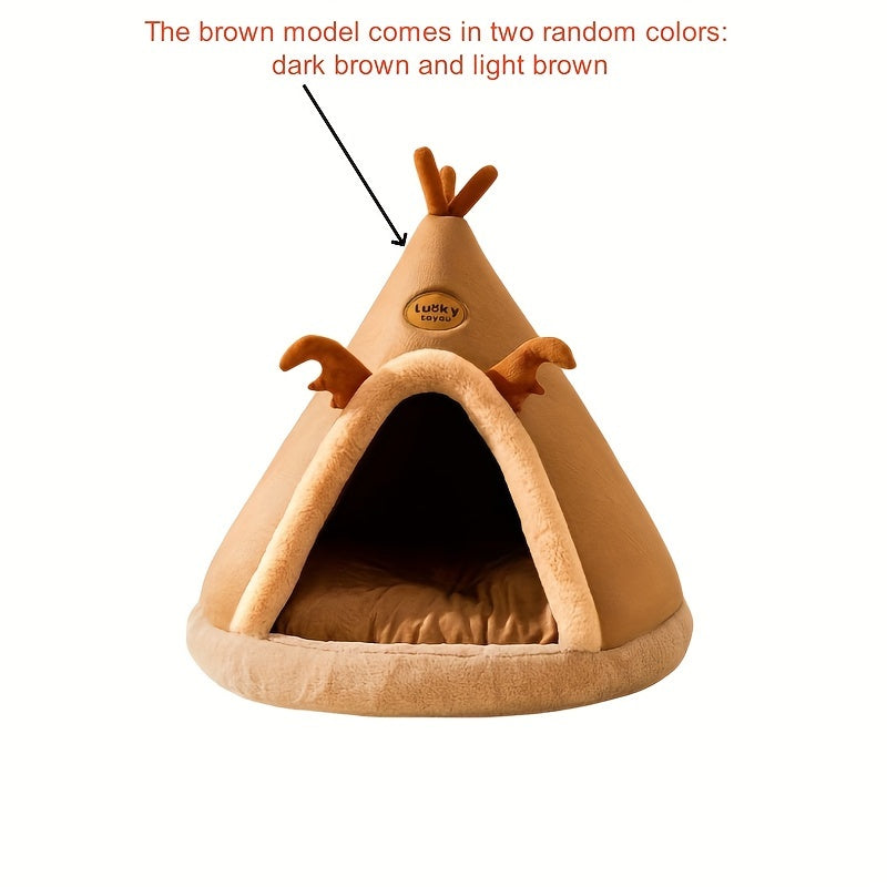 1pc Cartoon Reindeer-Shaped Pet Tent, Polyester Fiber Dog & Cat House, Cozy Mongolian Yurt Style Bed for Extra Small to Small Breeds, Easy Assembly