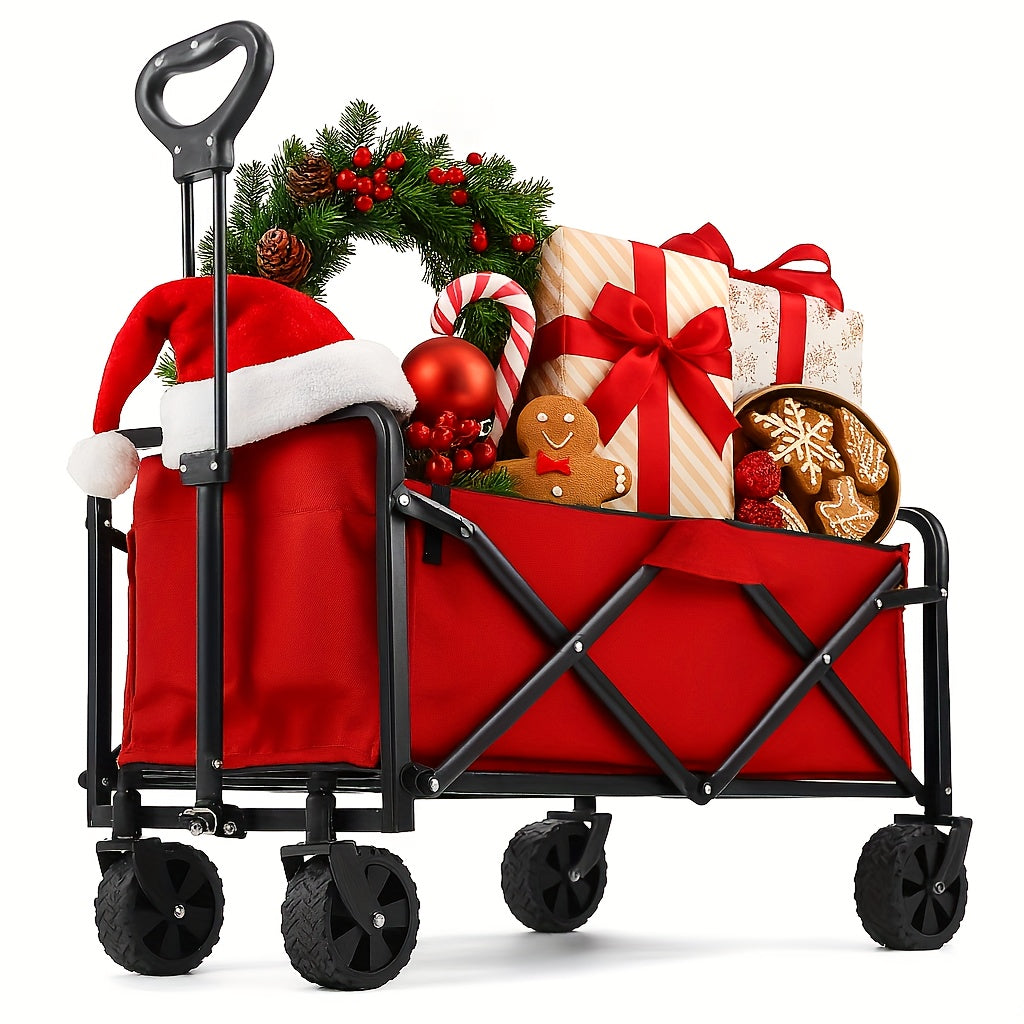1pc Heavy-Duty Collapsible Foldable Utility Wagon Cart with All-Terrain Wheels, 30" Large Capacity RV/Garden/Beach Cart, 450 Capacity (Weight-Limit Equivalent), Lightweight Metal Frame for Camping, Groceries, Furniture & Pets