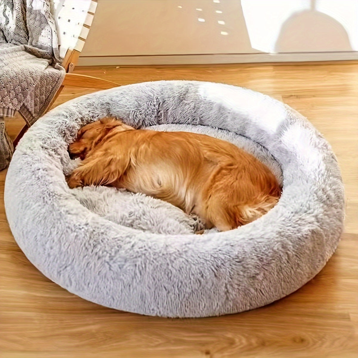 1pc Extra-Large Long Plush Dog Bed - Cozy Round Sleeping Nest for Pets - Luxury Sofa Cushion with Calming Effect - Machine-Washable