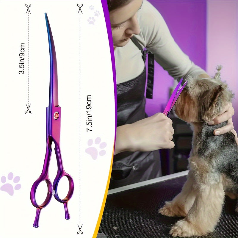 1pc Curved Shear For Dogs, Purple Titanium Plating Pet Grooming Scissors With Ergonomic Handle, Stainless Steel Hair Scissor For Dogs, Cats And Other Pets