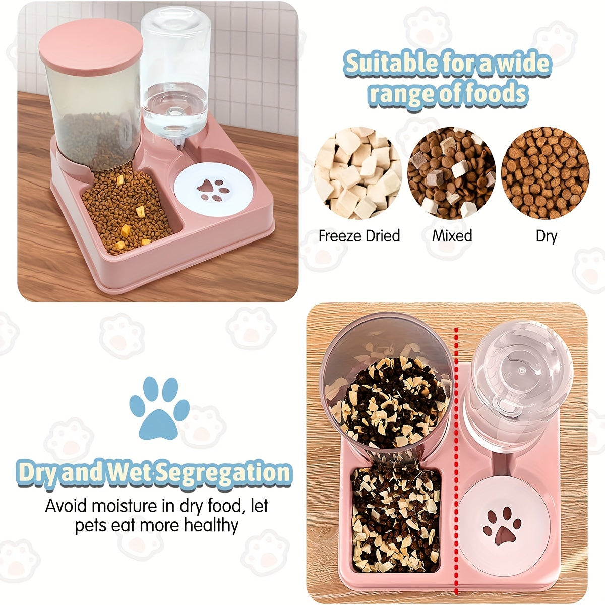 Automatic Cat Feeder Water Dispenser Set, 2 In 1 Tilted Automatic Pet Food And Water Feeder Gravity Food Feeder And Waterer For Indoor Cats
