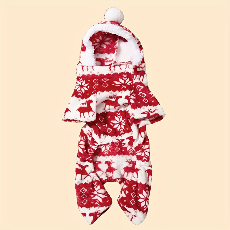 1pc Pet Christmas Reindeer Graphic Pajamas Hooded Jumpsuit For Puppy, Toy And Small Dog for stocking stuffers