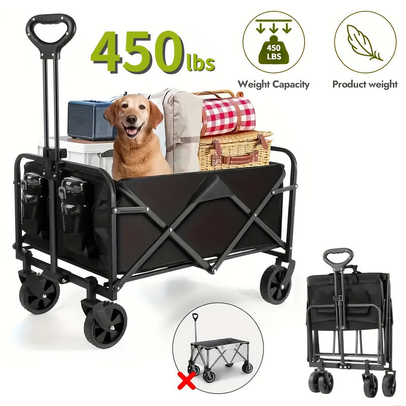1pc Heavy-Duty Collapsible Foldable Utility Wagon Cart with All-Terrain Wheels, 30" Large Capacity RV/Garden/Beach Cart, 450 Capacity (Weight-Limit Equivalent), Lightweight Metal Frame for Camping, Groceries, Furniture & Pets