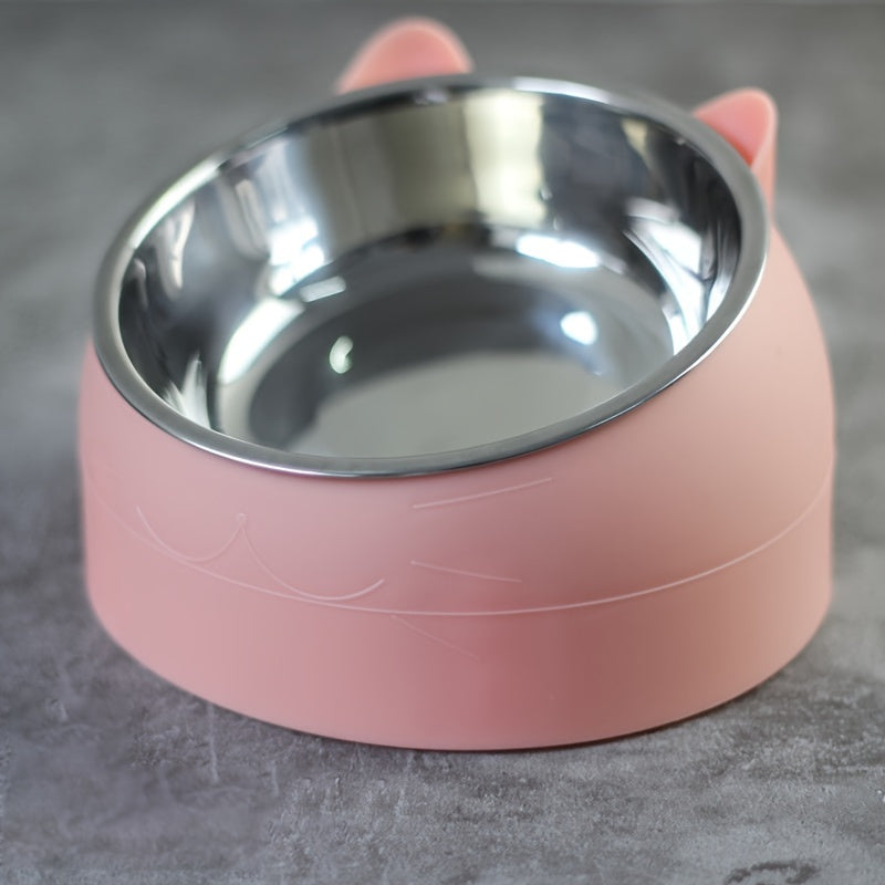 Cat Bowl, 15 Degrees Raised Stainless Steel Cat Feeder Bowl With Non Slip Base, 3.38oz Cat Food Water Feeder Tilted Pet Bowl For Neck Protection