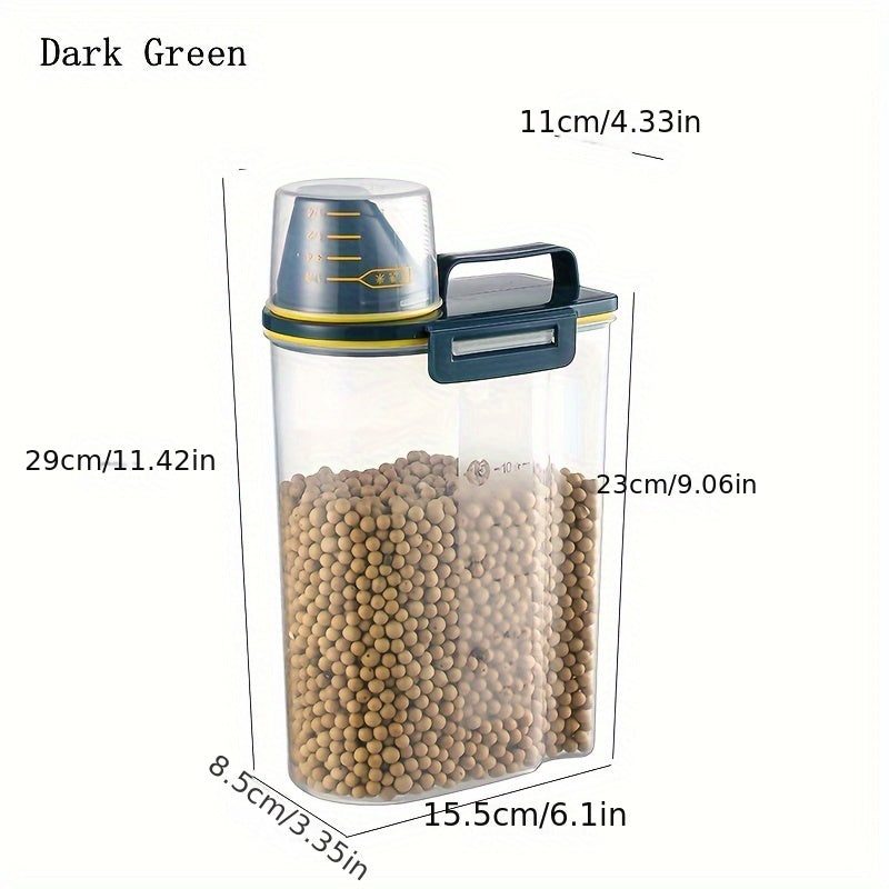1.5kg/2kg Large Capacity Pet Food Storage Container - Airtight, Moisture-Proof, and Pest-Controlled Plastic Bucket with Measuring Cup, Handle, and Scoop Design for Easy Food Management and Freshness Preservation