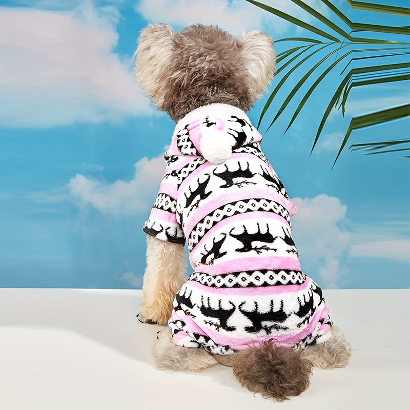 1pc Pet Christmas Reindeer Graphic Pajamas Hooded Jumpsuit For Puppy, Toy And Small Dog for stocking stuffers