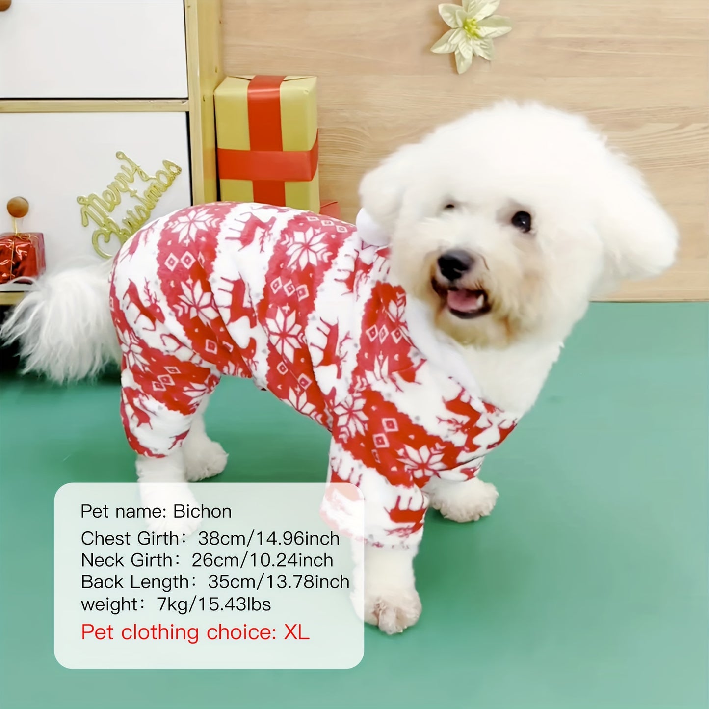 1pc Pet Christmas Reindeer Graphic Pajamas Hooded Jumpsuit For Puppy, Toy And Small Dog for stocking stuffers