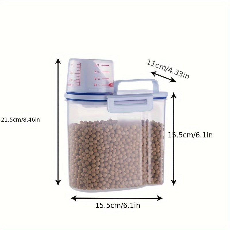 1.5kg/2kg Large Capacity Pet Food Storage Container - Airtight, Moisture-Proof, and Pest-Controlled Plastic Bucket with Measuring Cup, Handle, and Scoop Design for Easy Food Management and Freshness Preservation