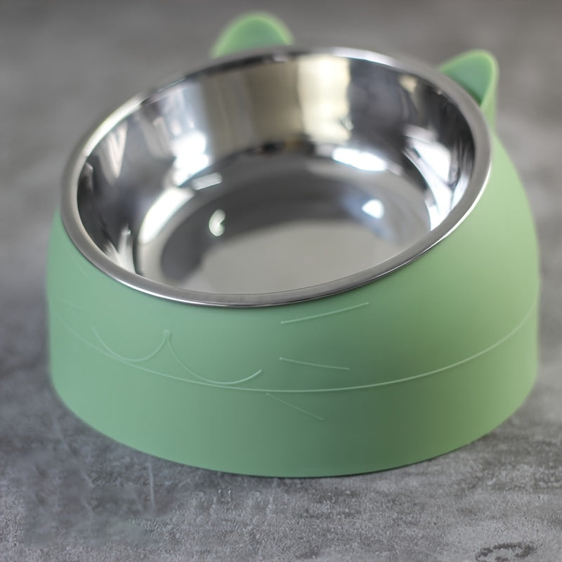 Cat Bowl, 15 Degrees Raised Stainless Steel Cat Feeder Bowl With Non Slip Base, 3.38oz Cat Food Water Feeder Tilted Pet Bowl For Neck Protection