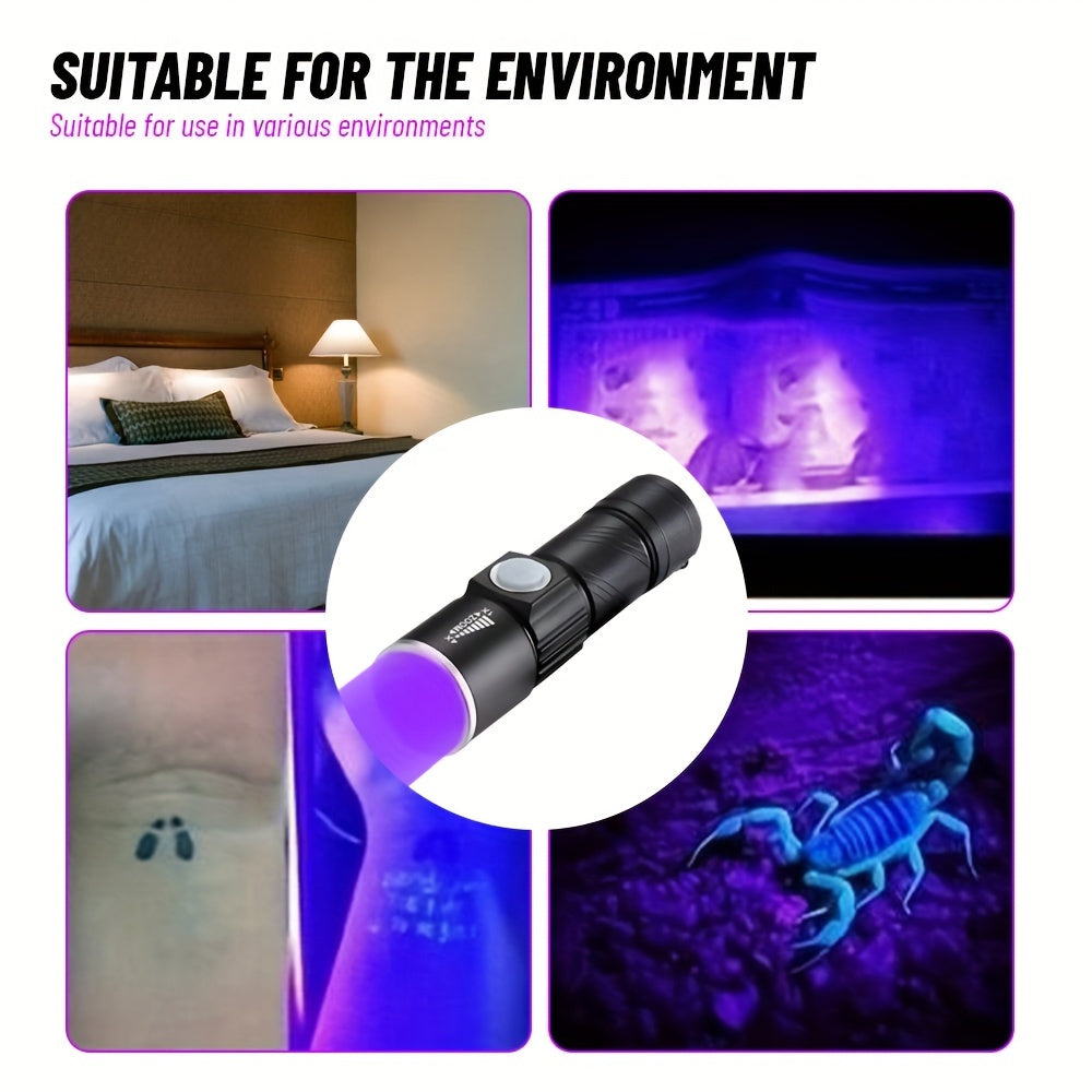 1pc Rechargeable Zoomable UV Flashlight Black Light 395nm,Ultraviolet Flashlight Detector For Pet Urine Stain,Resin Curing,Scorpion Hunting