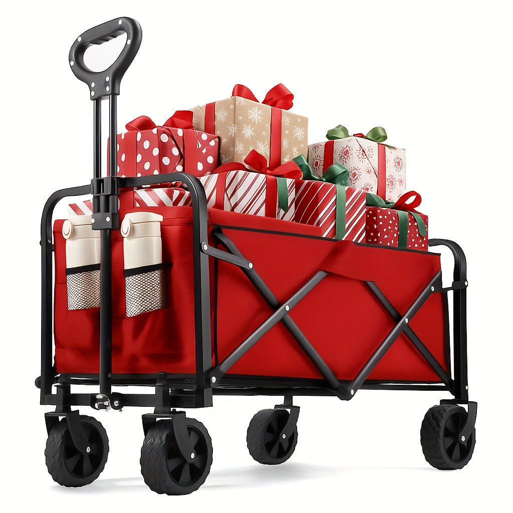 1pc Heavy-Duty Collapsible Foldable Utility Wagon Cart with All-Terrain Wheels, 30" Large Capacity RV/Garden/Beach Cart, 450 Capacity (Weight-Limit Equivalent), Lightweight Metal Frame for Camping, Groceries, Furniture & Pets