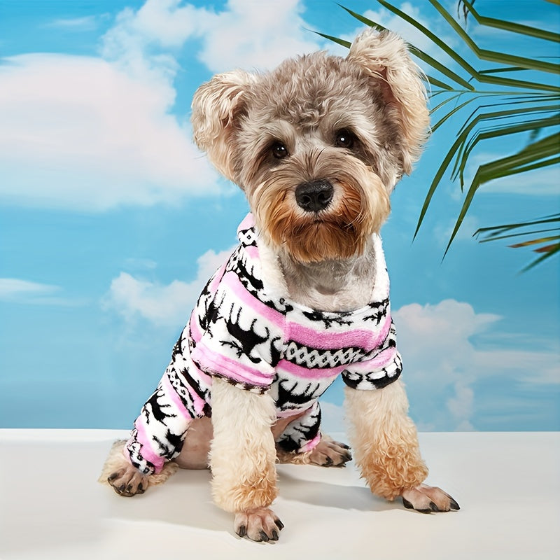 1pc Pet Christmas Reindeer Graphic Pajamas Hooded Jumpsuit For Puppy, Toy And Small Dog for stocking stuffers