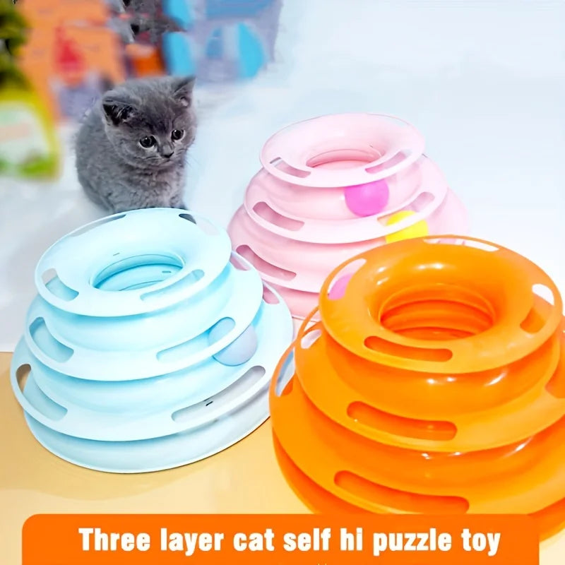 Torre de juguete interactiva de 3 capas para gatos con bolas de colores, ejercitador físico mental, divertido juego de rompecabezas para gatos activos.