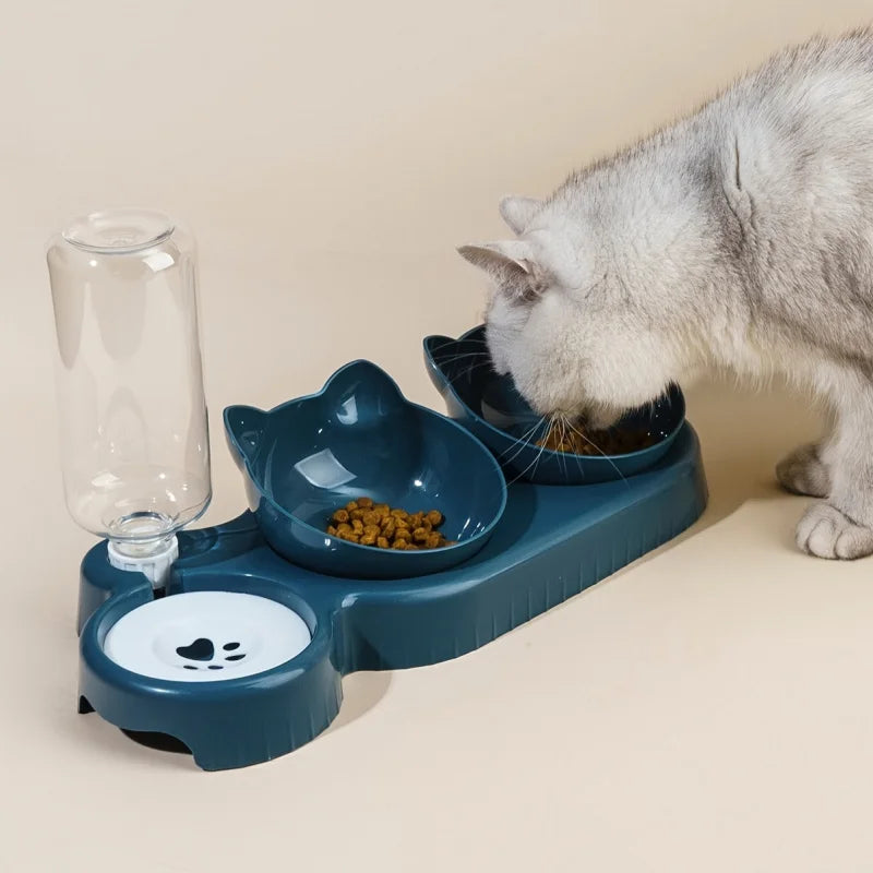1 cuenco para mascotas con comedero de agua, 3 en 1, con diseño de orejas, inclinable, con botella de agua por gravedad para proteger el cuello.