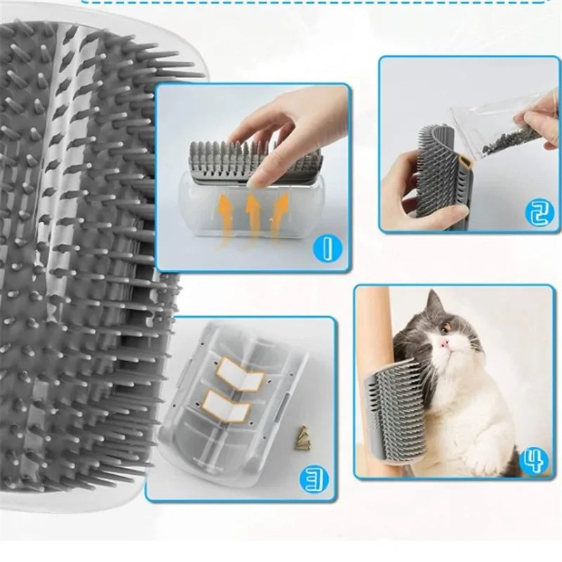 Cepillo de esquina para gatos, peine masajeador para gatos, arco rascador de plástico, peine para quitar el pelo, aseo con hierba gatera, suministros de autolimpieza para gatos