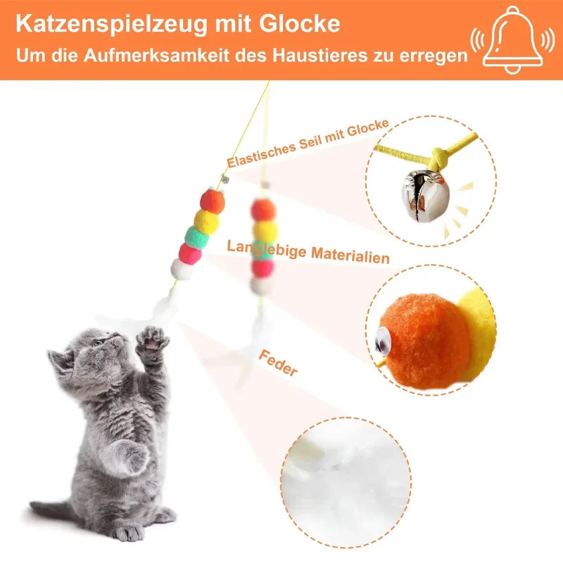 Juguete para gatos con forma de oruga y bola de plumas, juguete para mascotas, cuerda retráctil colgante con sonido.