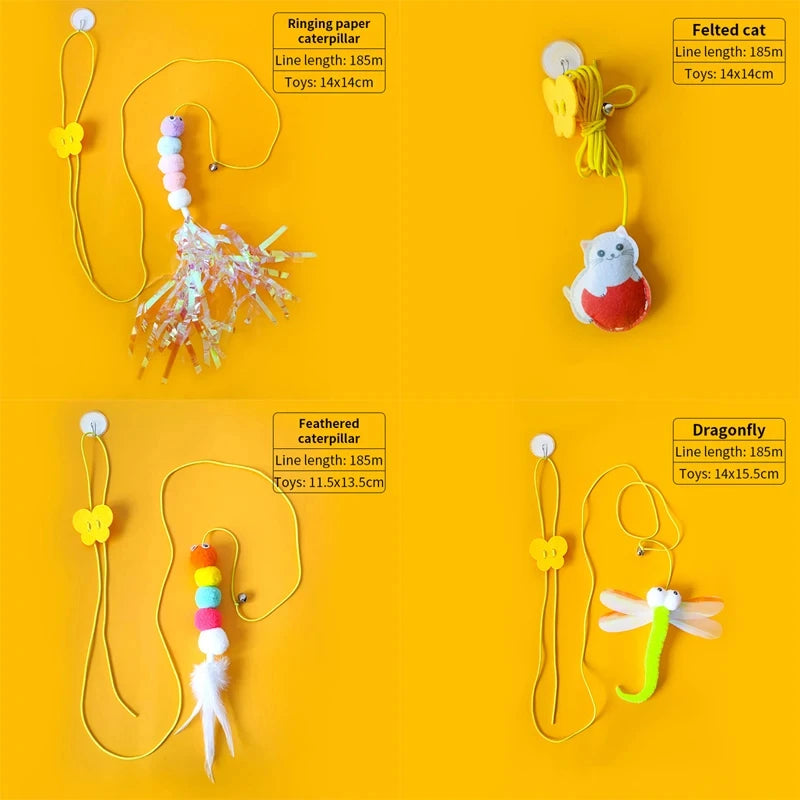 Juguete para gatos con forma de oruga y bola de plumas, juguete para mascotas, cuerda retráctil colgante con sonido.