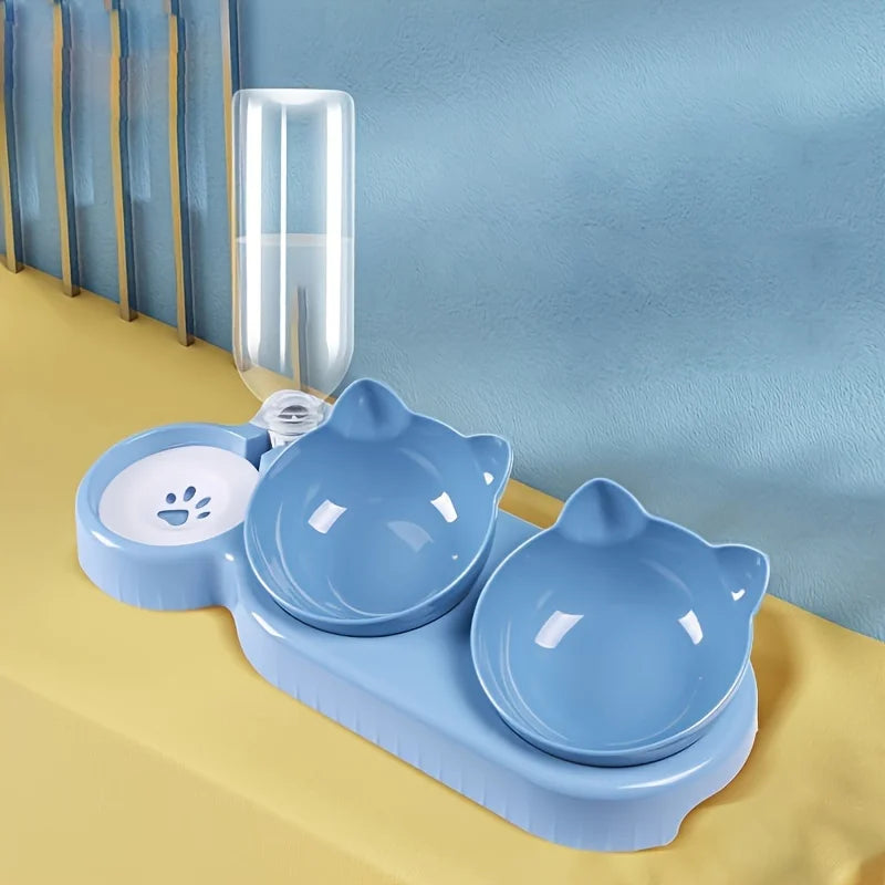 1 cuenco para mascotas con comedero de agua, 3 en 1, con diseño de orejas, inclinable, con botella de agua por gravedad para proteger el cuello.