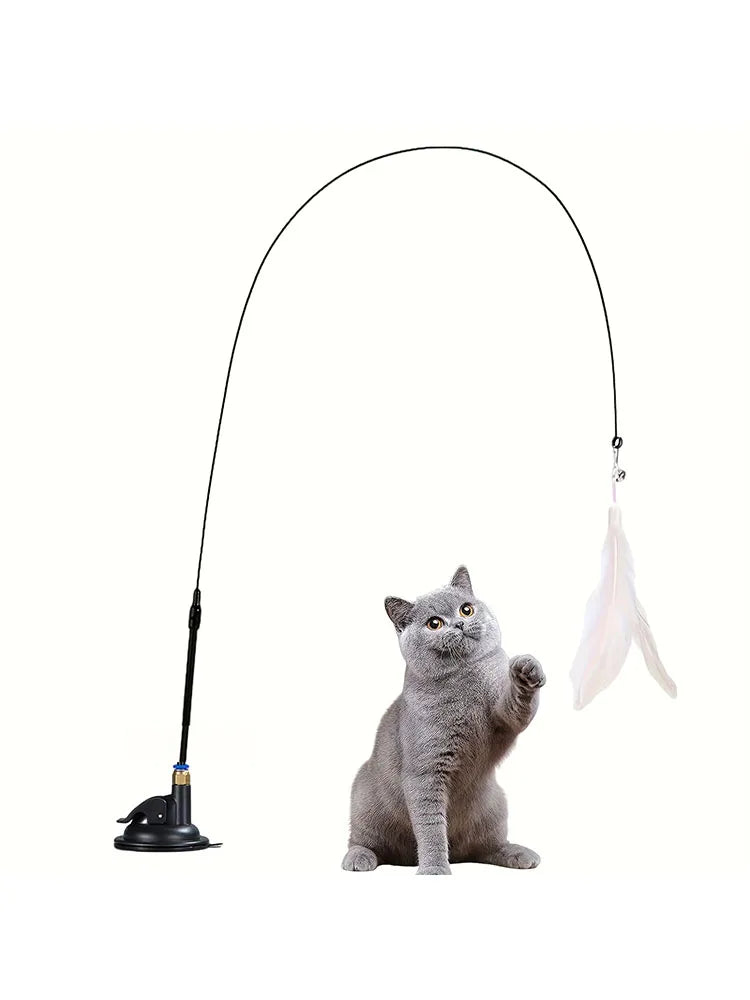 Juguete interactivo para gatos con campana y plumas, con ventosa larga para emocionantes aventuras de juego. El mejor juguete para gatos.