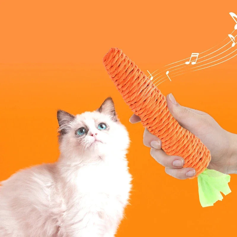 Juguete para gatos con sonido de zanahoria, resistente a mordeduras, cuerda de papel, rascador, dientes limpios, juego interactivo, juguete masticable de zanahoria para gatos.