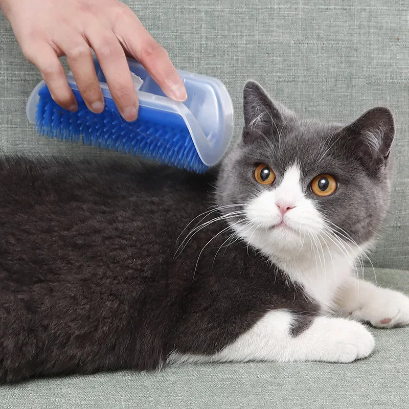 Cepillo de esquina para gatos, peine masajeador para gatos, arco rascador de plástico, peine para quitar el pelo, aseo con hierba gatera, suministros de autolimpieza para gatos