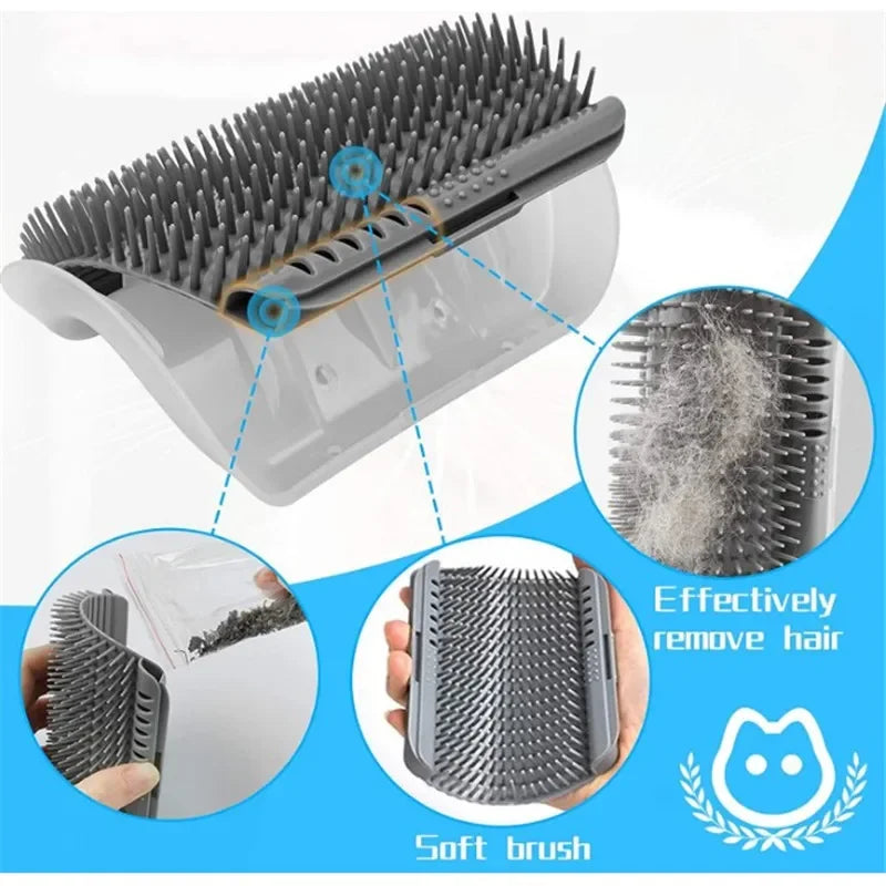 Cepillo de esquina para gatos, peine masajeador para gatos, arco rascador de plástico, peine para quitar el pelo, aseo con hierba gatera, suministros de autolimpieza para gatos